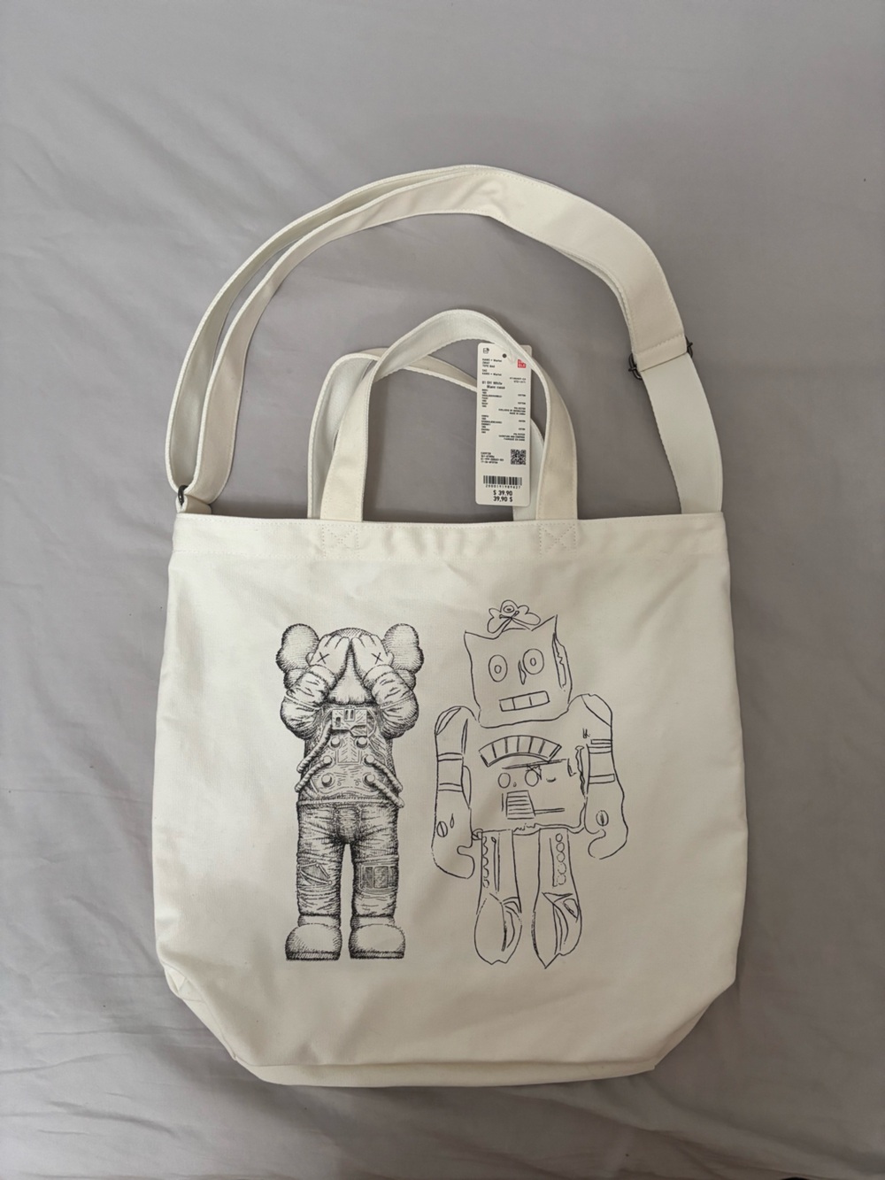 Canvas Tote Bag with Robot Sketch - White